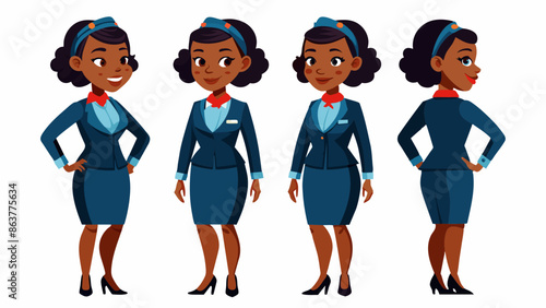 Professional Female Black Air Hostess Character in Multiple Poses: Front, Side, Back
