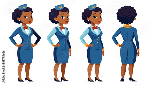Professional Female Black Air Hostess Character in Multiple Poses: Front, Side, Back
