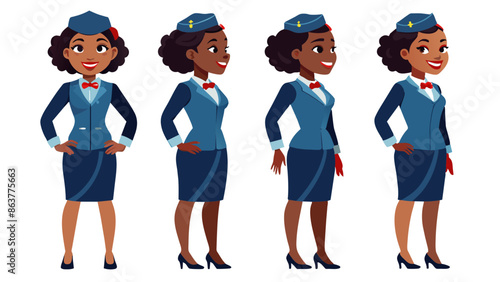 Professional Female Black Air Hostess Character in Multiple Poses: Front, Side, Back
