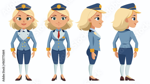 Professional Female Blonde Air Hostess Character in Multiple Poses: Front, Side, Back
