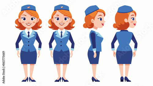 Professional Female Air Hostess Character in Multiple Poses: Front, Side, Back
