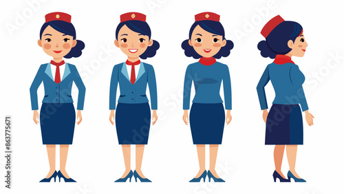 Professional Female Japanese Air Hostess Character in Multiple Poses: Front, Side, Back
