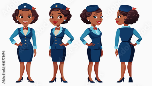 Professional Female Black Air Hostess Character in Multiple Poses: Front, Side, Back
