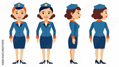 Professional Female Japanese Air Hostess Character in Multiple Poses: Front, Side, Back

