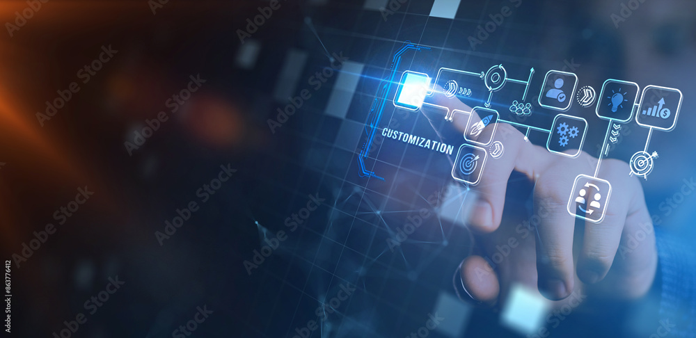Business, technology, internet and network concept. Virtual screen of the future and sees the inscription: Customization. Business, technology, internet and network concept. Virtual screen of the future and sees the inscription: Customization.