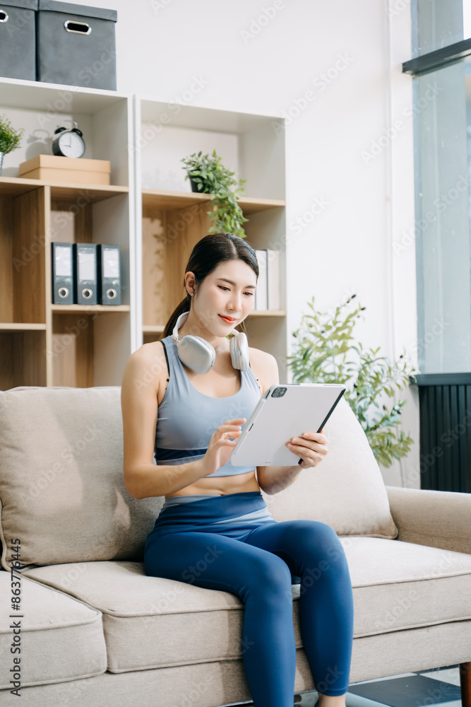 Young woman in fitness attire using a tablet on the couch with headphones around her neck. Experience modern, relaxed living. Young woman in fitness attire using a tablet on the couch with headphones around her neck. Experience modern, relaxed living.