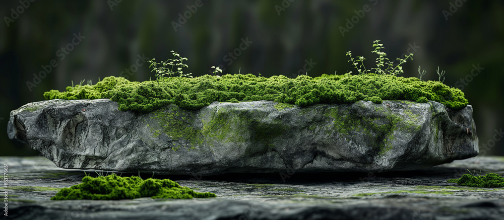 A natural stone platform with patches of moss, offering an organic and earthy display environment A natural stone platform with patches of moss, offering an organic and earthy display environment