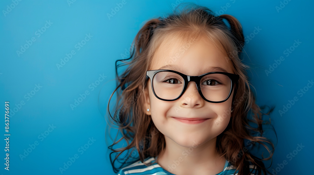 A happy young girl with curly hair wearing glasses and a striped shirt, smiling against a blue background. Ideal for themes of childhood, education, and joy A happy young girl with curly hair wearing glasses and a striped shirt, smiling against a blue background. Ideal for themes of childhood, education, and joy