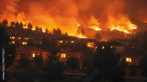 Fierce wildfire closing in on neighborhood, smoke billowing as flames draw near homes and trees. photo