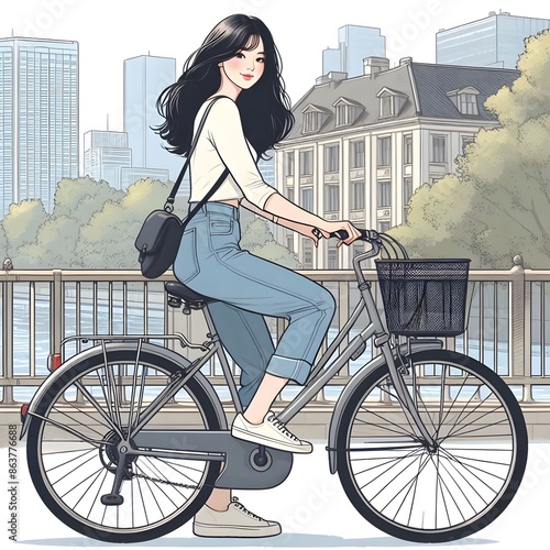 Cartoon beauty girl is cycling in the city