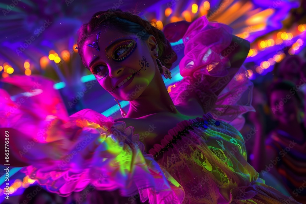 A Radiant Dancer Under Neon Lights at a Festive Gathering A Radiant Dancer Under Neon Lights at a Festive Gathering