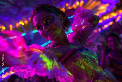 A Radiant Dancer Under Neon Lights at a Festive Gathering photo
