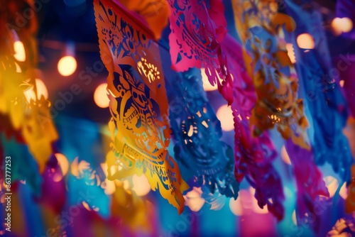 Vibrant Papel Picado Decorations Glimmering Under Evening Lights in Mexico photo