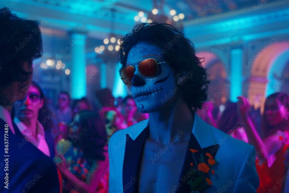 Fototapeta premium A Night of Enchantment: A Man With Skull Makeup Dances at a Neon-Lit Party