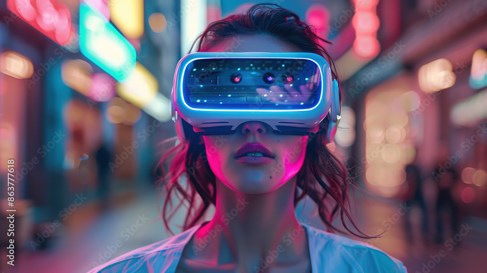 Young woman wearing VR glasses with futuristic world background Young woman wearing VR glasses with futuristic world background