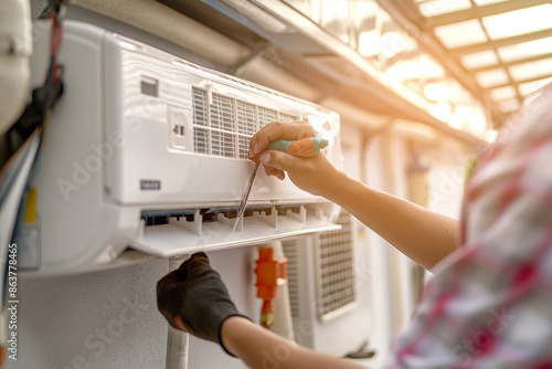 Servicer reparing air conditioner with screwdriver