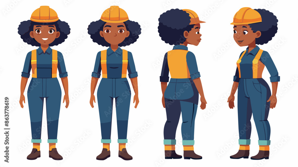 Naklejka premium Professional Black Female Construction Worker Character in Multiple Poses: Front, Side, Back
