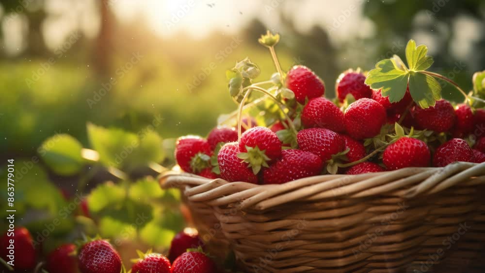 Video recreation of fresh red strawberries in a wicker basket Video recreation of fresh red strawberries in a wicker basket