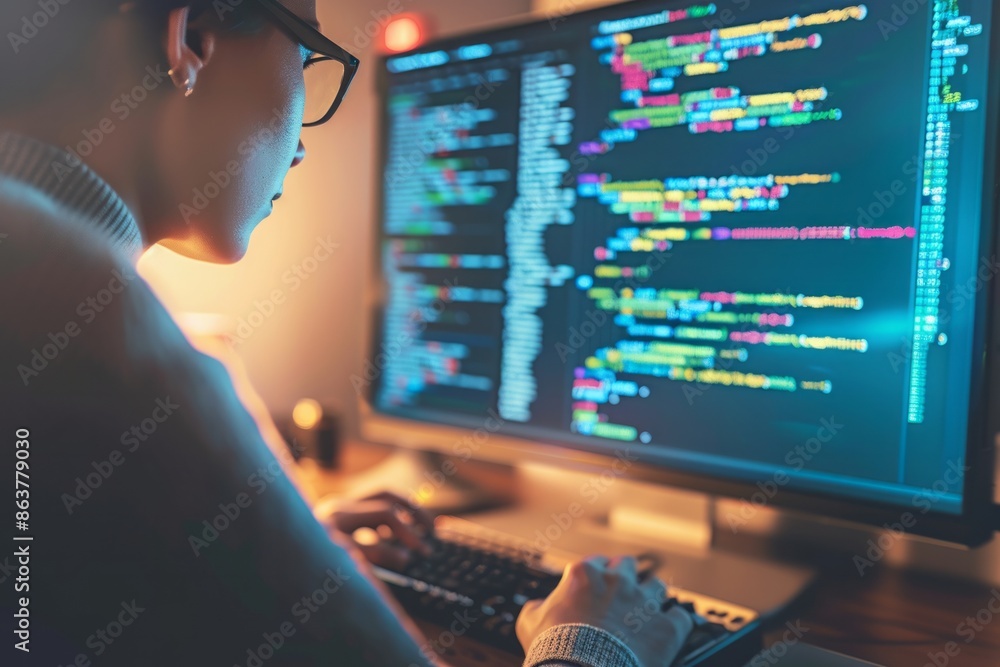A close-up of a programmer typing on a keyboard, a large monitor in ...
