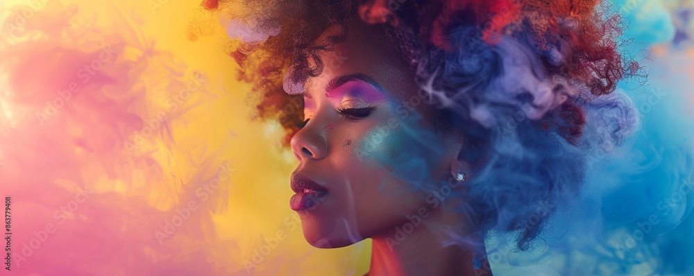 Side view of a African American woman with vibrant, colorful smoke-like hair, creating an artistic and surreal visual effect. Side view of a African American woman with vibrant, colorful smoke-like hair, creating an artistic and surreal visual effect.