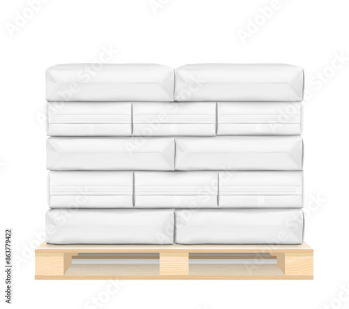 Heavy bag mockups for chemical products on wooden pallet. High realistic vector illustration isolated on white background. Ready for use in presentation, promo, advertising. EPS10.