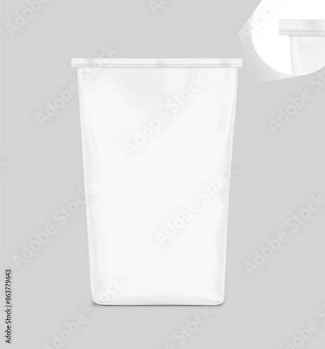 Stitched bottom kraft paper bag mockup for packing industrial, chemical, food, flour, milk powder. Vector illustration isolated on grey background. EPS10.