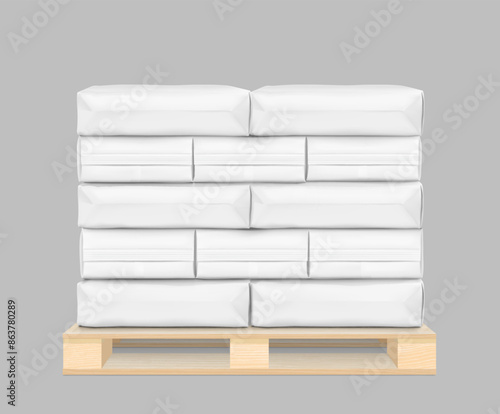 Heavy bag mockups for chemical products on wooden pallet. High realistic vector illustration isolated on grey background. Ready for use in presentation, promo, advertising. EPS10.