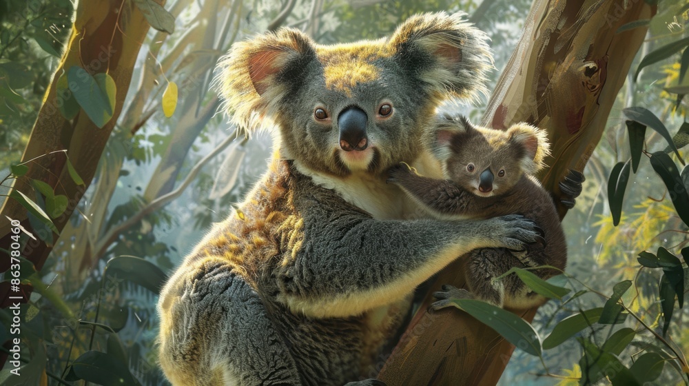 Fototapeta premium A koala mother and her cub perched on a tree branch in a lush, green forest, showcasing the beauty of Australian wildlife.