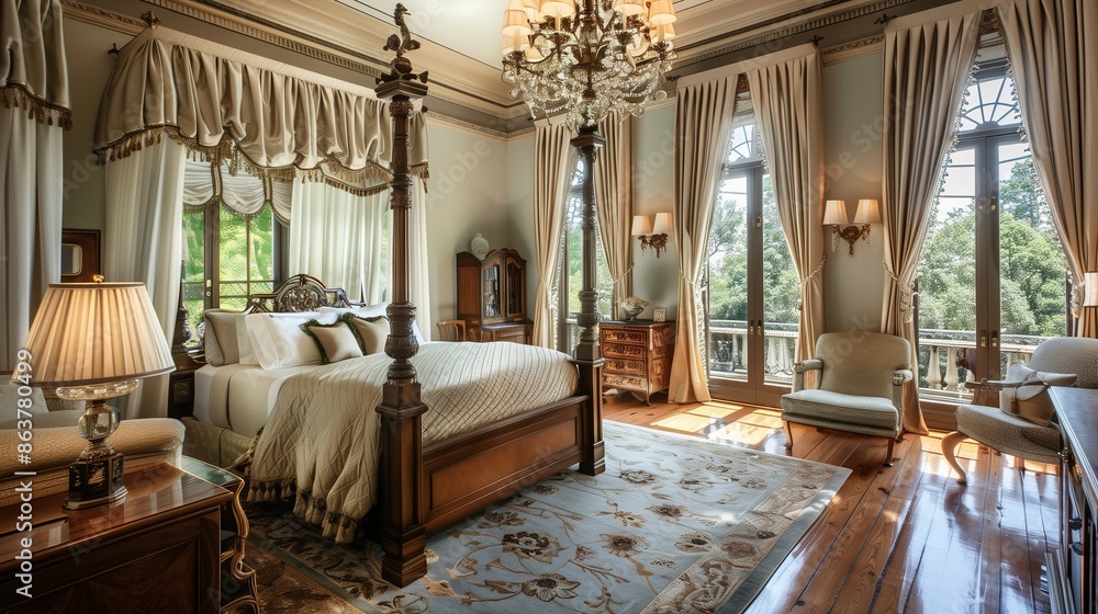 A guest room with a classic, elegant design, showcasing a four-poster bed with luxurious linens, antique furniture, a chandelier, and large windows with draped curtains. A guest room with a classic, elegant design, showcasing a four-poster bed with luxurious linens, antique furniture, a chandelier, and large windows with draped curtains.
