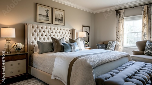 A guest room with a classic, timeless design, showcasing elegant furniture, traditional decor, and a cozy bed with a tufted headboard. © Sana