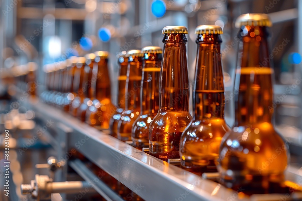 close up of a Beer bottles on the conveyor belt close up of a Beer bottles on the conveyor belt