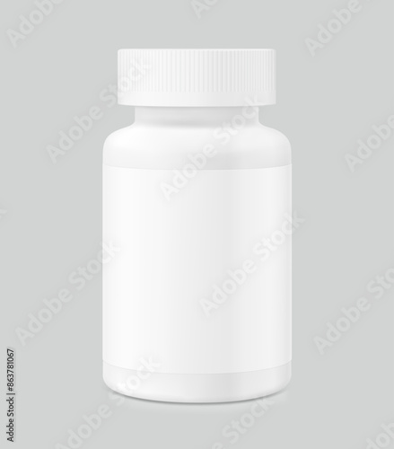 Plastic bottle jar mockup for chews treats, gummy, additives. Vector illustration isolated on grey background. Can be use for template your design, presentation, promo, ad. EPS10.