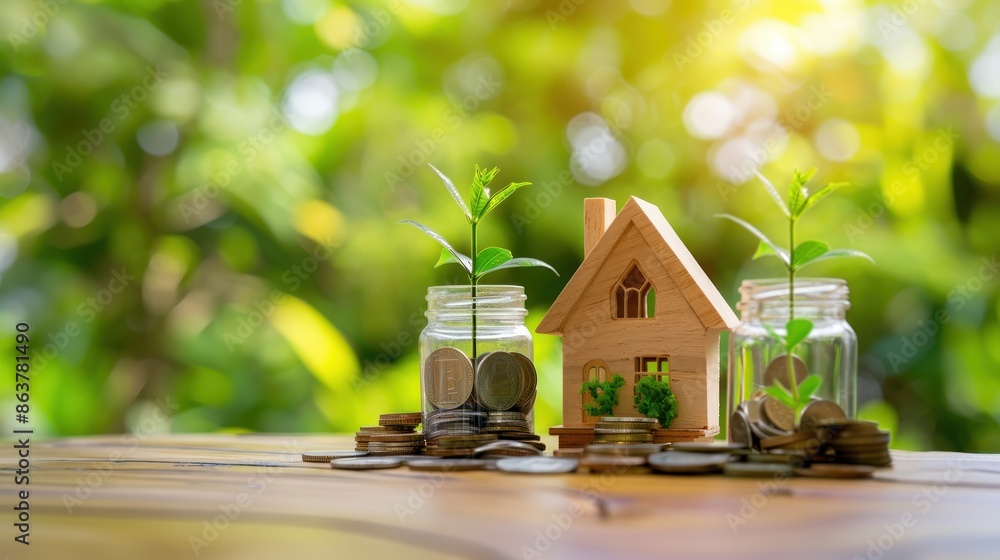 A wooden house model next to coins in glass jars and green leaves growing on the jars set against a blurred background A wooden house model next to coins in glass jars and green leaves growing on the jars set against a blurred background