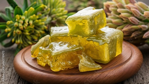 Galbanum Resin: Greenish-yellow, sticky resin chunks valued for their strong, earthy aroma. Extracted from Ferula species growing in Iran and Turkey. Generative AI