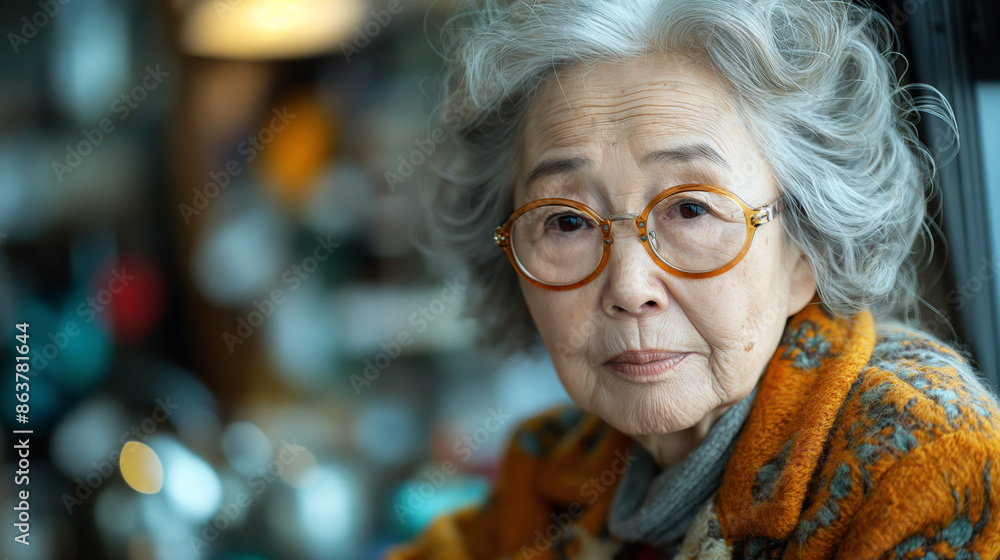 Portrait of an elderly Asian woman with gray hair and round glasses Portrait of an elderly Asian woman with gray hair and round glasses