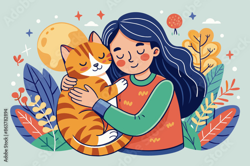 A woman is holding a cat in her arms while smiling and looking happy. A woman is smiling while holding a cat in her arms. This gesture exudes happiness and warmth, embodying a cartoonlike art style 