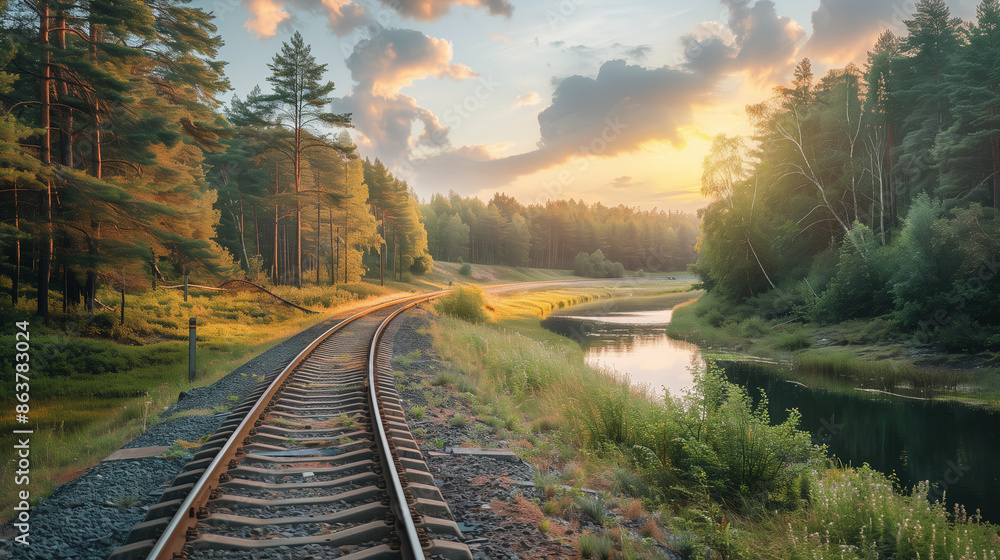 Fototapeta premium Train railway track along lake in deep green forest