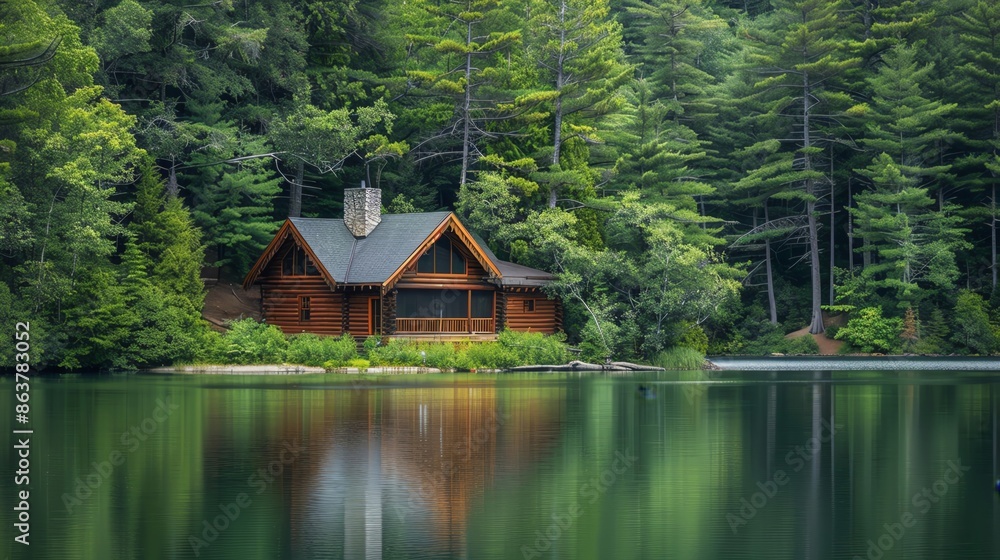 Fototapeta premium Serene lakeside cabin surrounded by pine trees