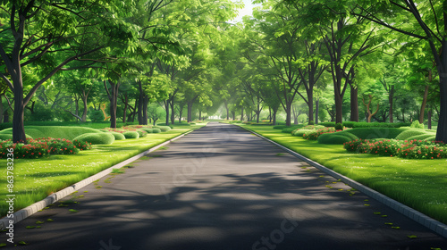 Walking road in park with tress on both sides