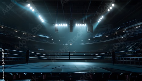 An empty boxing ring with spotlights shining on it in a dark arena