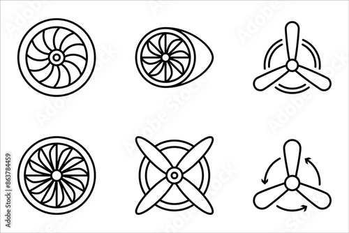 Plane turbine linear icon set. Airplane equipment. Jet propeller. Aeroengine. vector illustration on white background