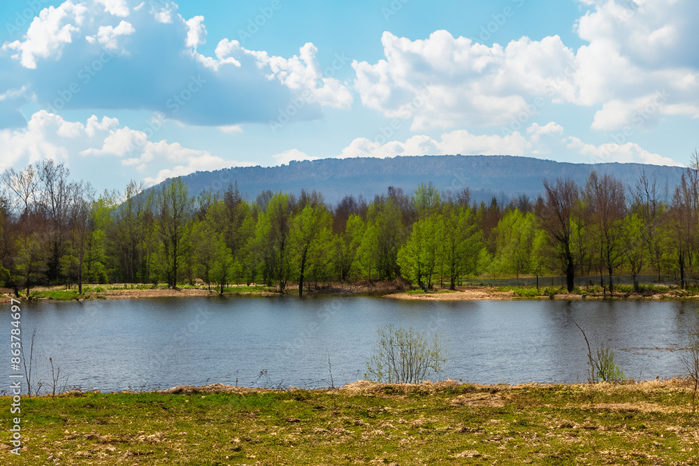 Obraz premium spring landscape with lake and mountain