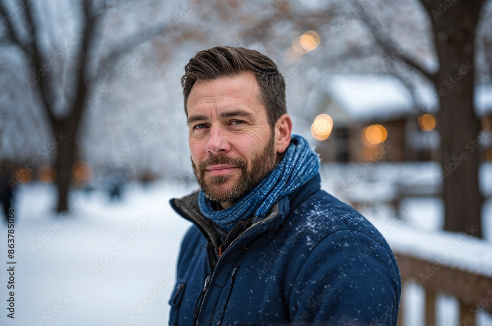 portrait of an American man in a winter forest portrait of an American man in a winter forest