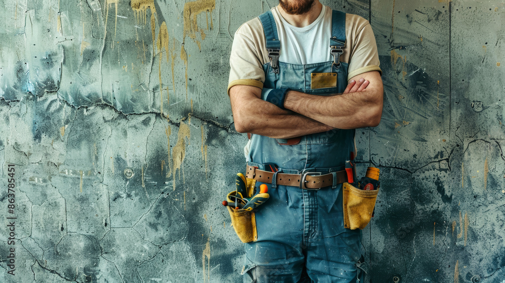 Obraz premium A construction worker poses boldly with crossed arms and tools on his belt, against a weathered wall displaying the grit of his trade
