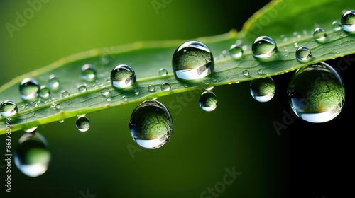 Fresh dew drops glisten on vibrant green grass, capturing the serenity of nature in a delicate moment. photo