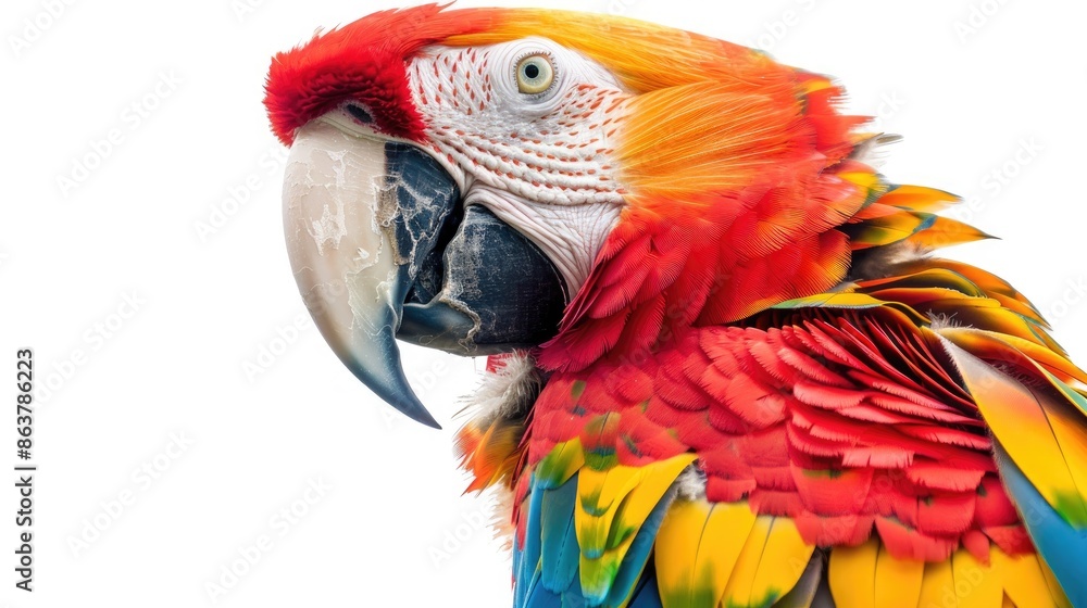 Fototapeta premium Colorful macaw isolated on white background with sharp beak