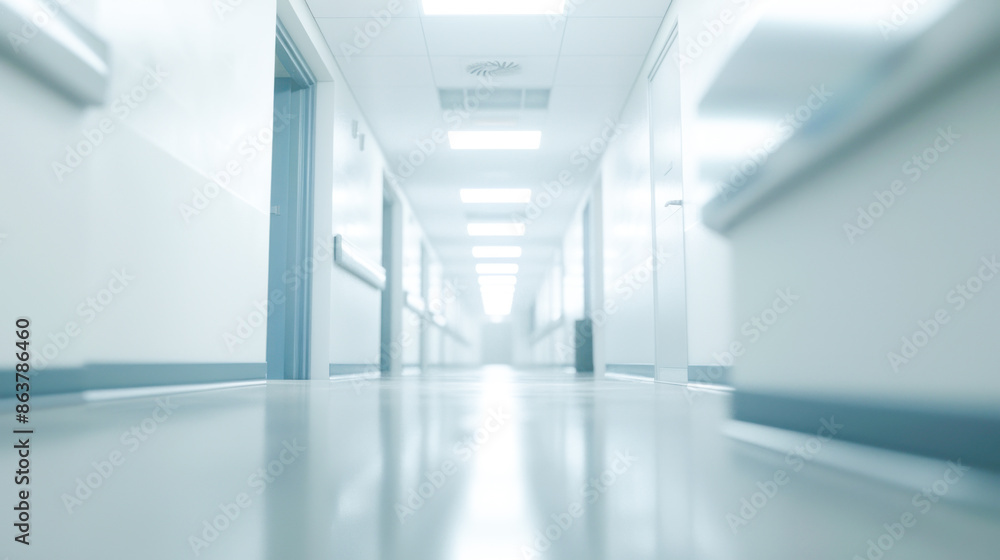Obraz premium A softly blurred background of a hospital corridor with bright overhead lighting and clean walls
