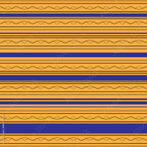 A pattern of blue stripes with black dots and lines over an orange background. Ethnic style. Seamless vector illustration