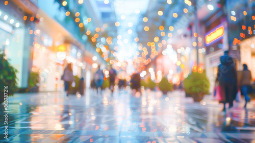 A soft-focus shot of a city plaza at dusk, with a mix of natural and artificial bokeh lights