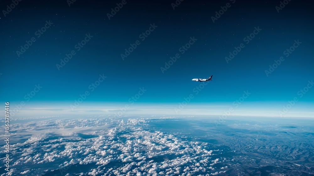 Commercial airplane flying high above the clouds. Stunning aerial view of Earth's horizon and cloudy sky at high altitude. Perfect for travel, aviation, and nature-related content. AI Commercial airplane flying high above the clouds. Stunning aerial view of Earth's horizon and cloudy sky at high altitude. Perfect for travel, aviation, and nature-related content. AI